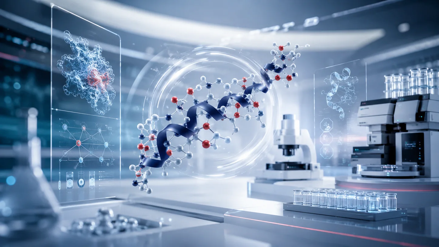 Modern analytical laboratory with molecular visualization, instrumentation and traceable sample racks