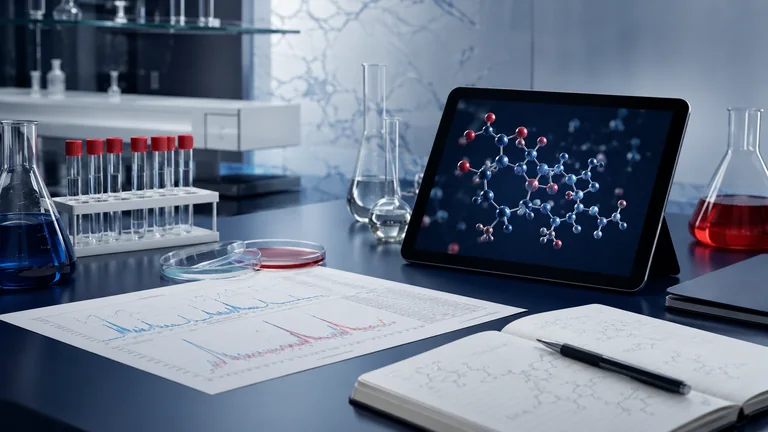 Analytical laboratory workspace with chromatograms and molecular visualization