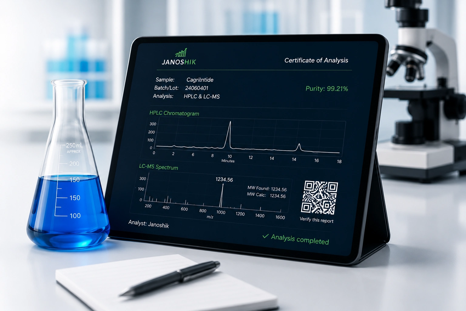 Janoshik certificate-of-analysis verification interface displayed on a laboratory tablet beside a blue laboratory flask