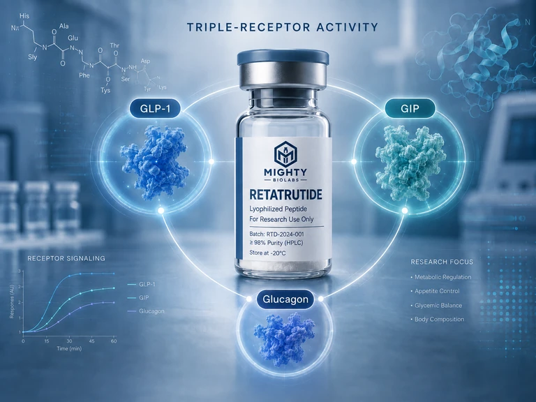 Retatrutide research graphic accompanying a retatrutide versus tirzepatide comparison article