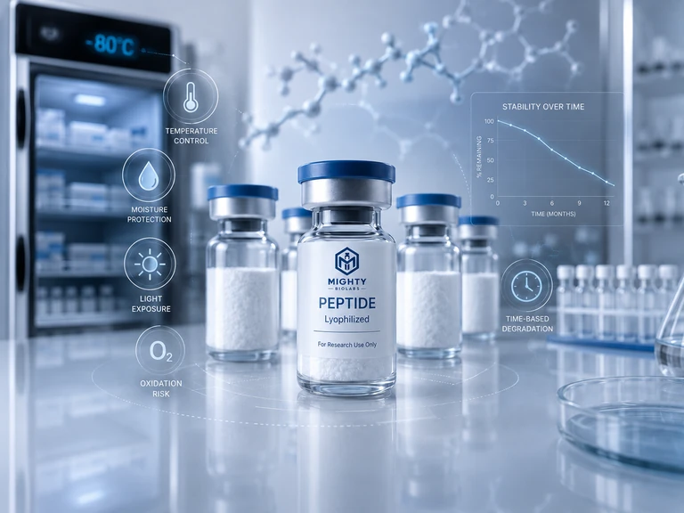 Laboratory peptide stability graphic with a branded vial, freezer storage, and environmental degradation factors