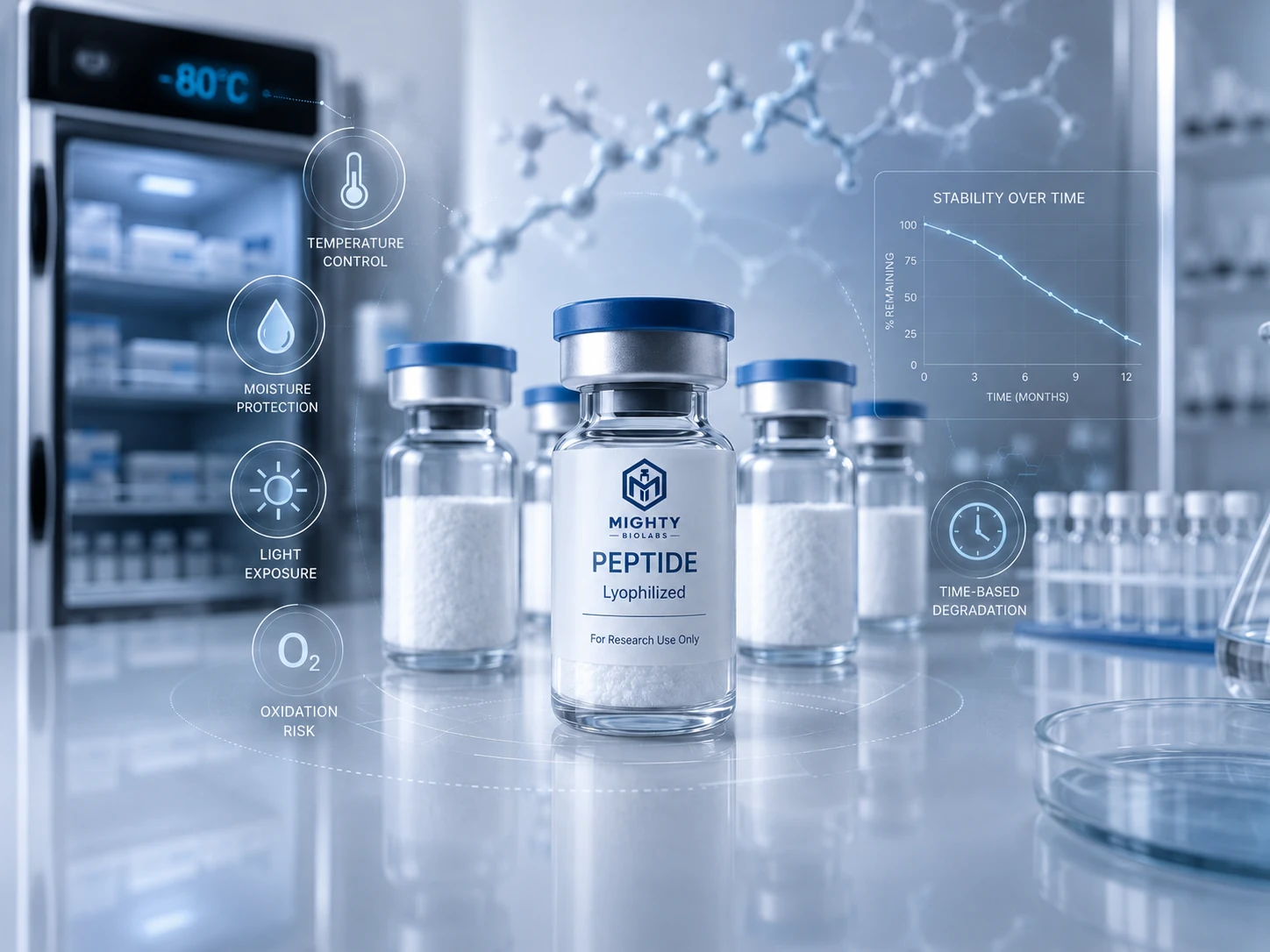 Laboratory peptide stability graphic with a branded vial, freezer storage, and environmental degradation factors