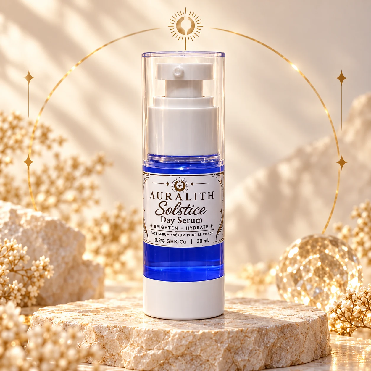 Auralith Solstice Day Serum displayed in a warm golden skincare setting
